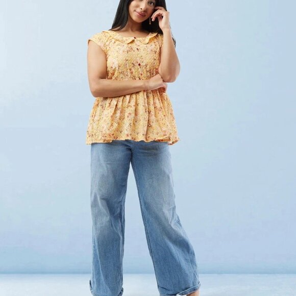 Yellow Printed Short Top with Collar | Muvvas Boutique - Picture 3 of 4